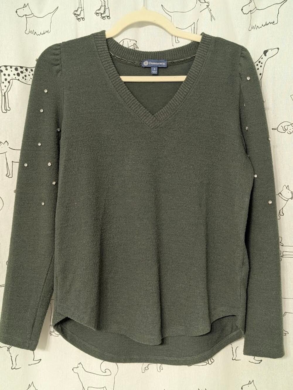 Democracy Sweater Womens S Olive Green Fleece V neck Rhinestone Military Whimsy